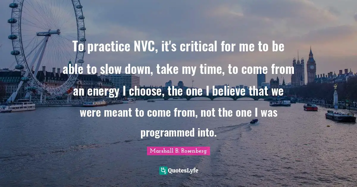 To practice NVC, it's critical for me to be able to slow down, take my time, to come from an energy I choose, the one I believe that we were meant to come from, not the one I was programmed into.