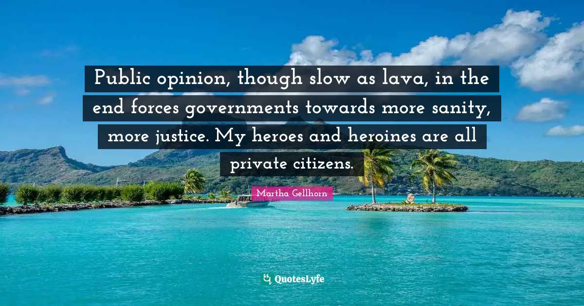 Public opinion, though slow as lava, in the end forces governments towards more sanity, more justice. My heroes and heroines are all private citizens.