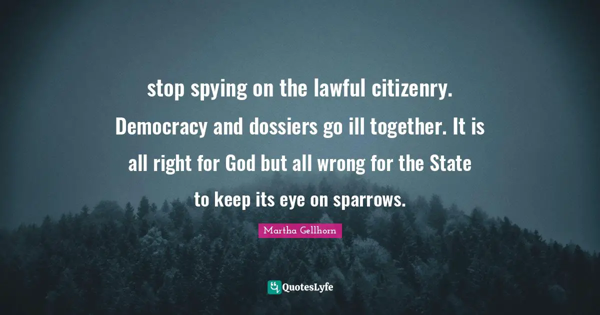stop spying on the lawful citizenry. Democracy and dossiers go ill together. It is all right for God but all wrong for the State to keep its eye on sparrows.