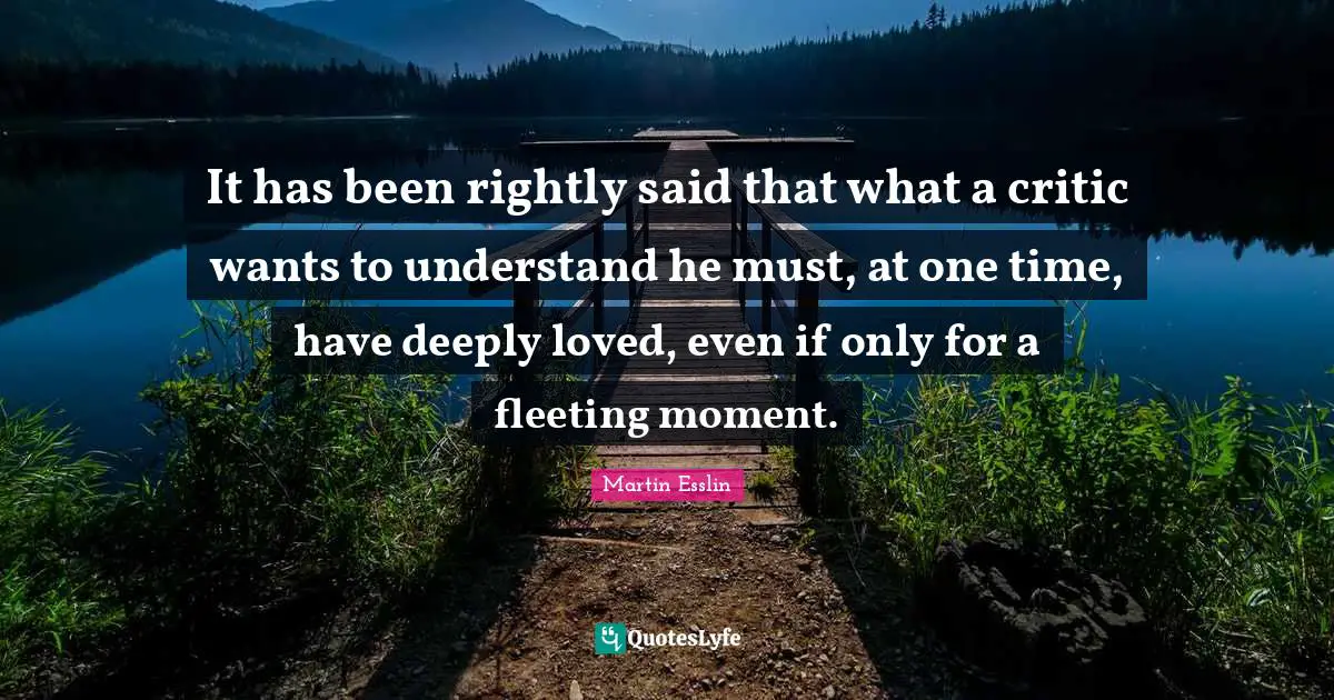 It has been rightly said that what a critic wants to understand he must, at one time, have deeply loved, even if only for a fleeting moment.