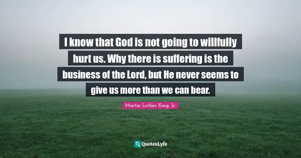 I know that God is not going to willfully hurt us. Why there is suffering is the business of the Lord, but He never seems to give us more than we can bear.