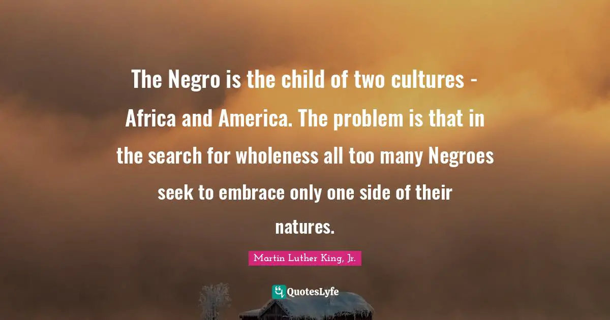 The Negro is the child of two cultures - Africa and America. The problem is that in the search for wholeness all too many Negroes seek to embrace only one side of their natures.