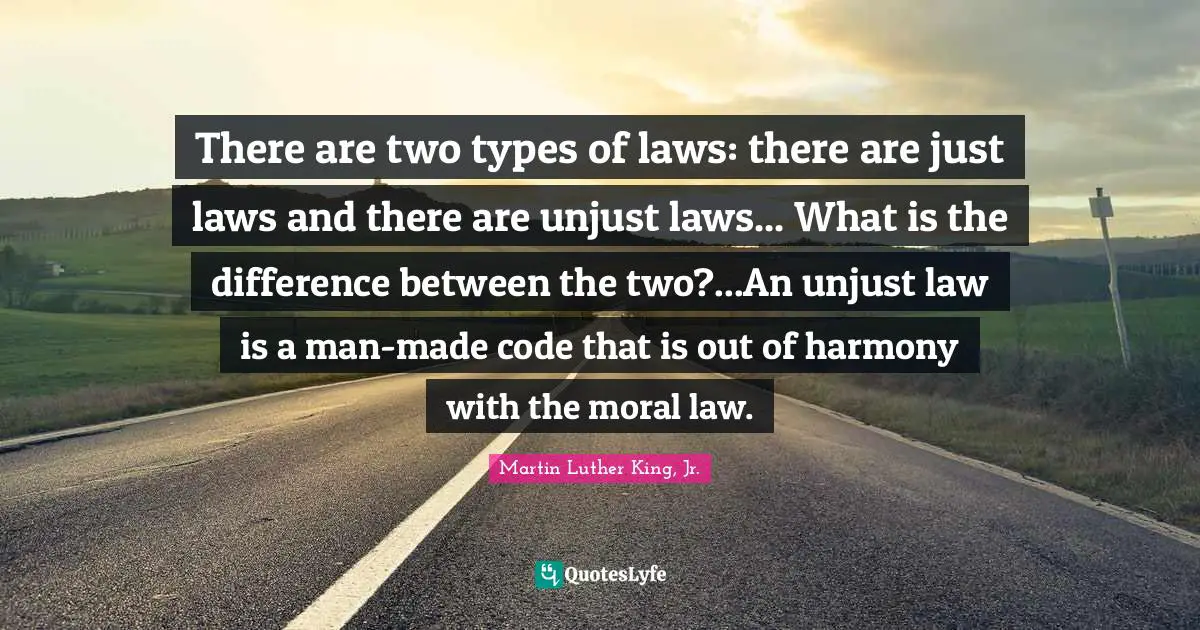 There are two types of laws: there are just laws and there are unjust laws... What is the difference between the two?...An unjust law is a man-made code that is out of harmony with the moral law.