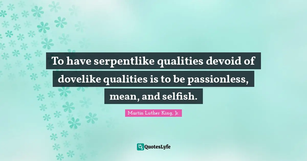 To have serpentlike qualities devoid of dovelike qualities is to be passionless, mean, and selfish.
