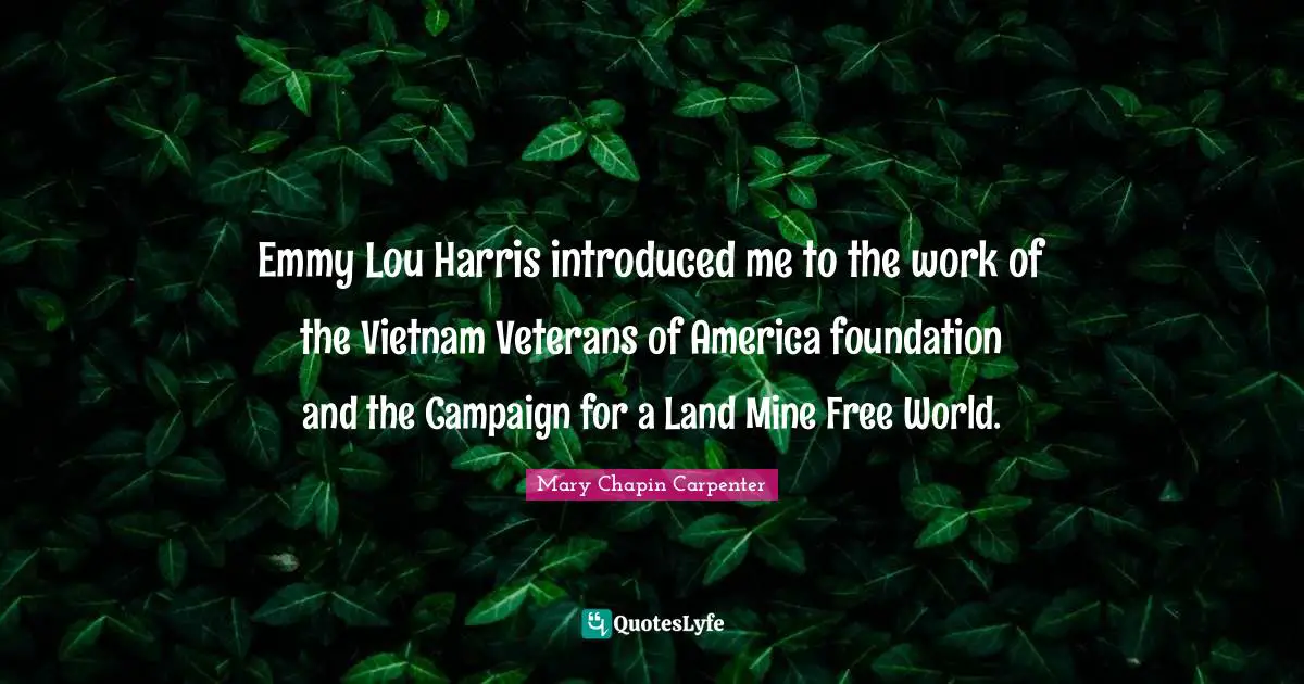 Emmy Lou Harris introduced me to the work of the Vietnam Veterans of America foundation and the Campaign for a Land Mine Free World.