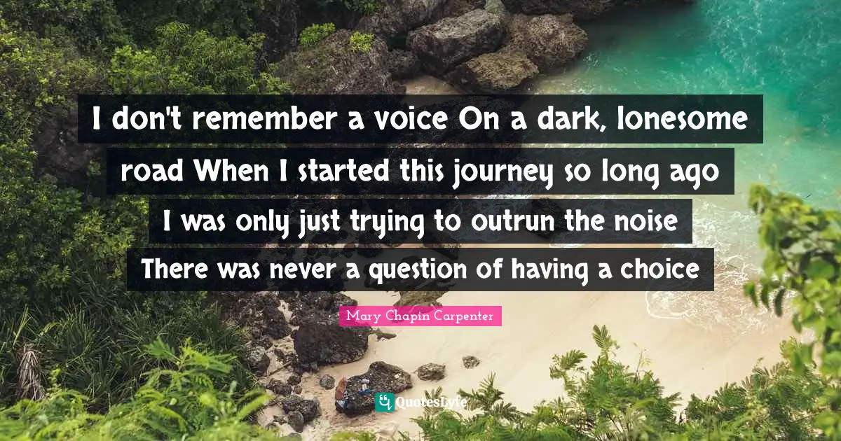I don't remember a voice On a dark, lonesome road When I started this journey so long ago I was only just trying to outrun the noise There was never a question of having a choice