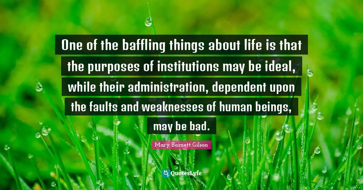 One of the baffling things about life is that the purposes of institutions may be ideal, while their administration, dependent upon the faults and weaknesses of human beings, may be bad.