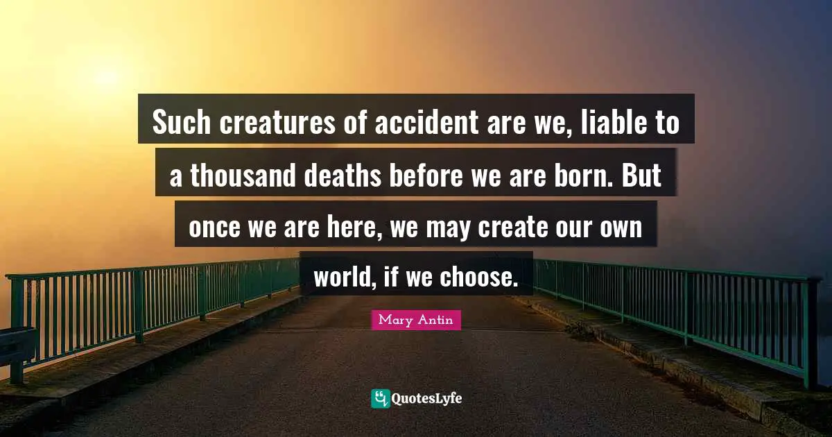 Such creatures of accident are we, liable to a thousand deaths before we are born. But once we are here, we may create our own world, if we choose.