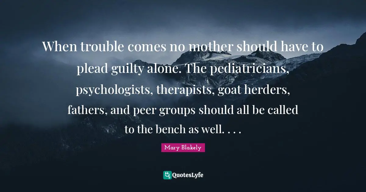When trouble comes no mother should have to plead guilty alone. The pediatricians, psychologists, therapists, goat herders, fathers, and peer groups should all be called to the bench as well. . . .