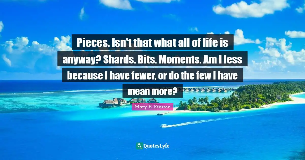 Pieces. Isn't that what all of life is anyway? Shards. Bits. Moments. Am I less because I have fewer, or do the few I have mean more?