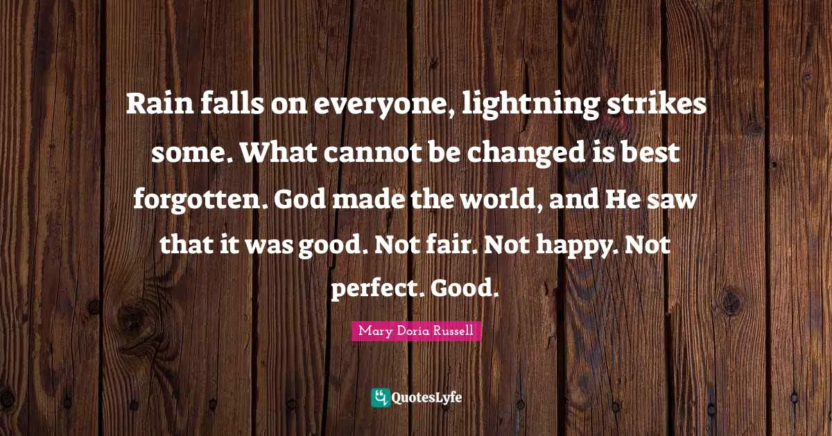 Rain falls on everyone, lightning strikes some. What cannot be changed is best forgotten. God made the world, and He saw that it was good. Not fair. Not happy. Not perfect. Good.