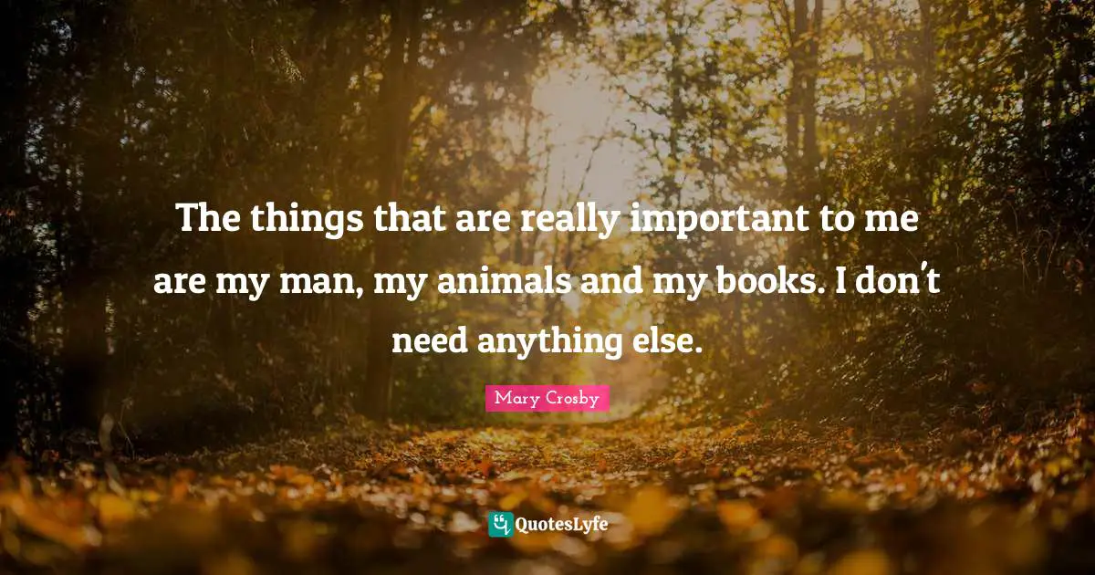 The things that are really important to me are my man, my animals and my books. I don't need anything else.