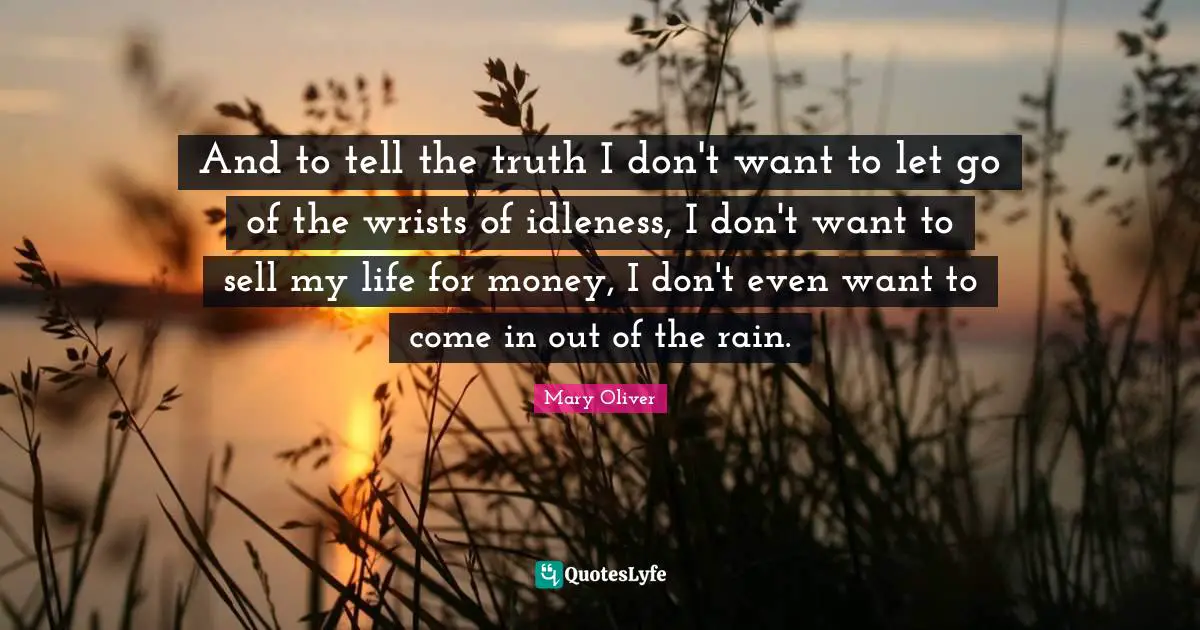Mary Oliver Quotes: "And to tell the truth I don't want to let go of the wrists of idleness, I don't want to sell my life for money, I don't even want to come in out of the rain."