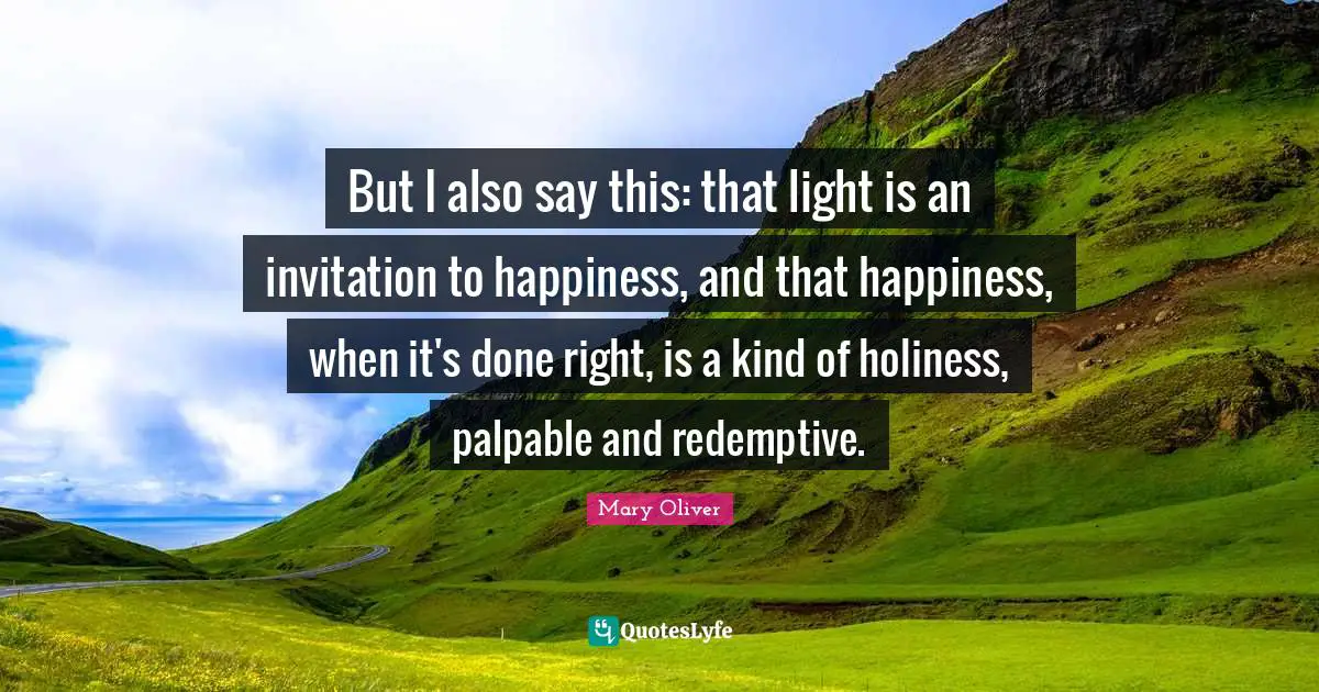 Mary Oliver Quotes: "But I also say this: that light is an invitation to happiness, and that happiness, when it's done right, is a kind of holiness, palpable and redemptive."