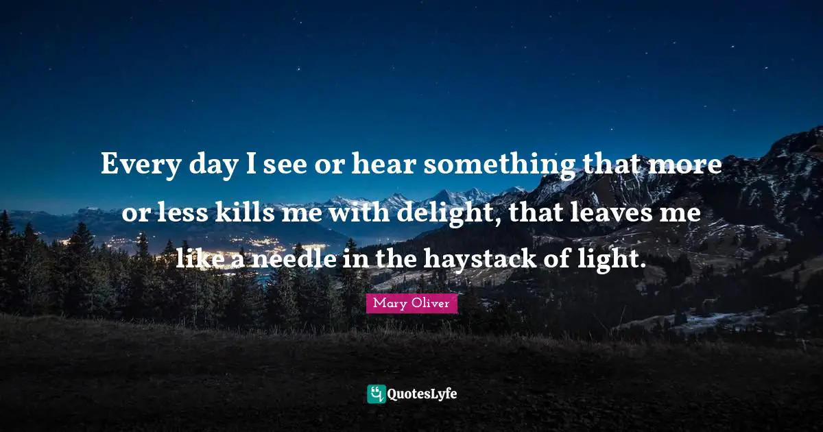 Mary Oliver Quotes: "Every day I see or hear something that more or less kills me with delight, that leaves me like a needle in the haystack of light."