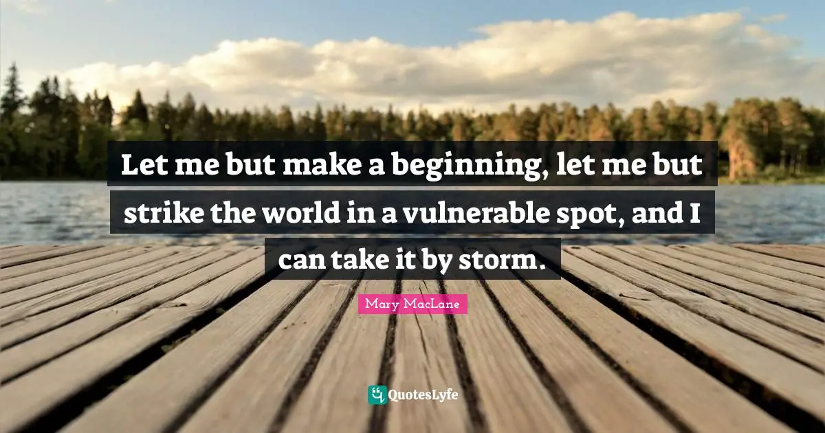 Let me but make a beginning, let me but strike the world in a vulnerable spot, and I can take it by storm.