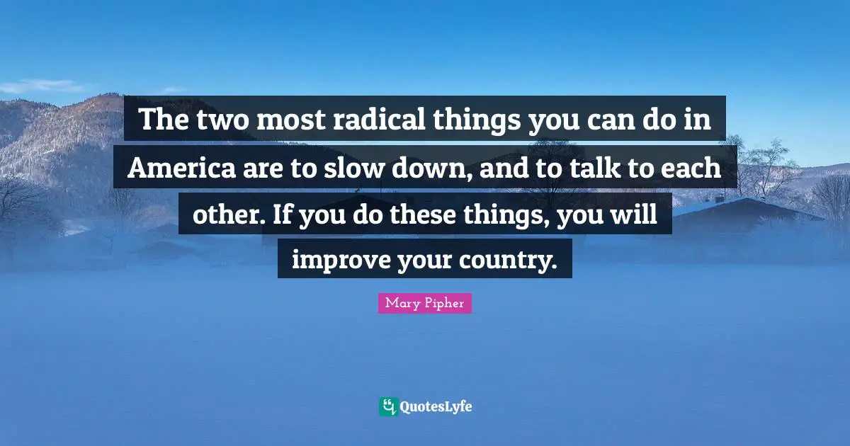 The two most radical things you can do in America are to slow down, and to talk to each other. If you do these things, you will improve your country.