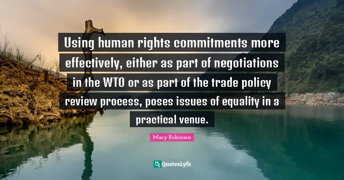 Mary Robinson Quotes: "Using human rights commitments more effectively, either as part of negotiations in the WTO or as part of the trade policy review process, poses issues of equality in a practical venue."