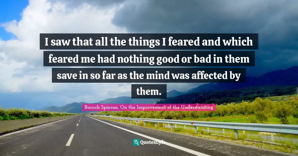 I saw that all the things I feared and which feared me had nothing good or bad in them save in so far as the mind was affected by them.
