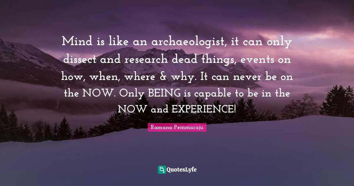 Mind is like an archaeologist, it can only dissect and research dead things, events on how, when, where & why. It can never be on the NOW. Only BEING is capable to be in the NOW and EXPERIENCE!