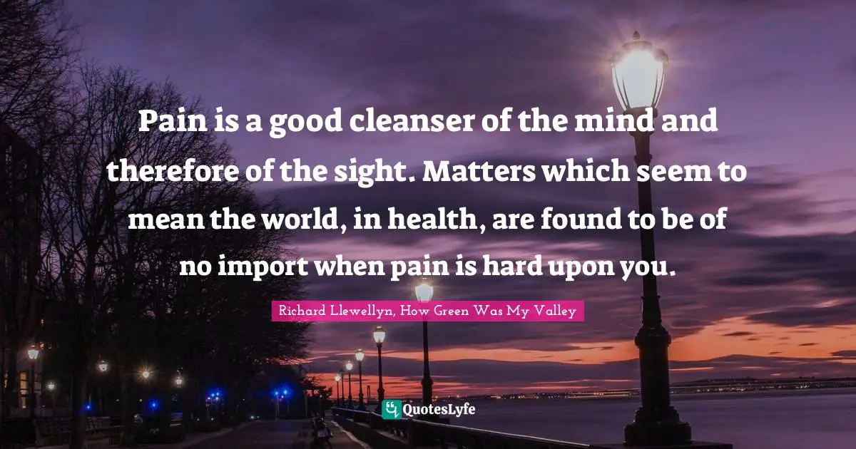 Pain is a good cleanser of the mind and therefore of the sight. Matters which seem to mean the world, in health, are found to be of no import when pain is hard upon you.