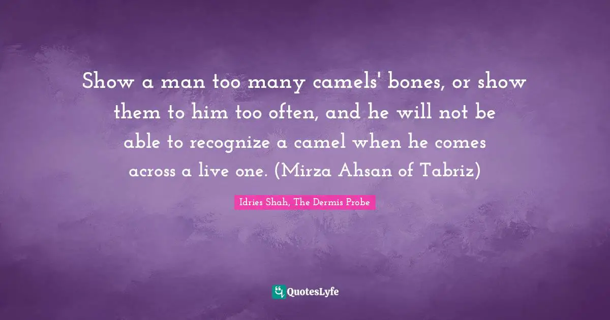 Show a man too many camels' bones, or show them to him too often, and he will not be able to recognize a camel when he comes across a live one. (Mirza Ahsan of Tabriz)