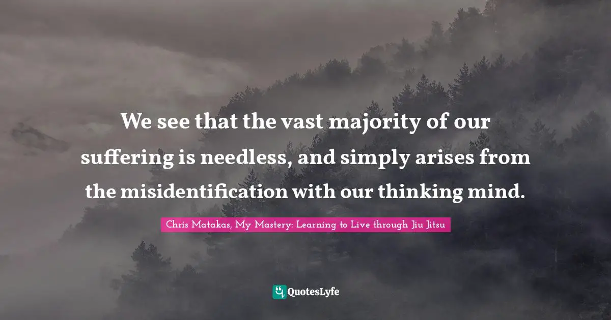 Chris Matakas, My Mastery: Learning To Live Through Jiu Jitsu Quotes: "We see that the vast majority of our suffering is needless, and simply arises from the misidentification with our thinking mind."