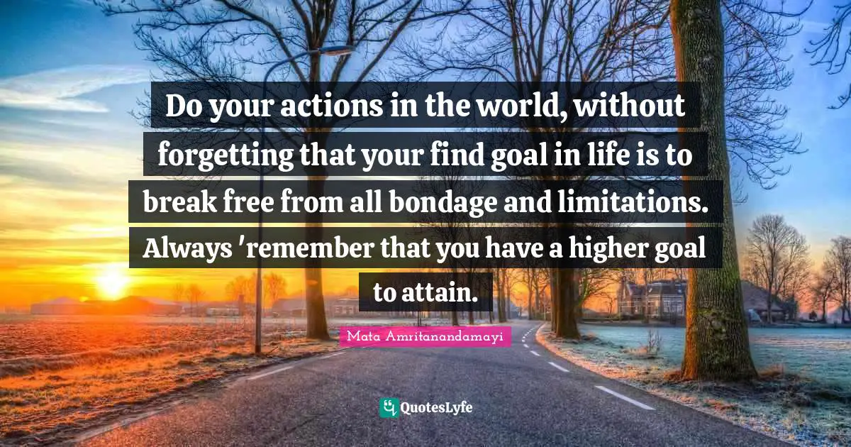 Do your actions in the world, without forgetting that your find goal in life is to break free from all bondage and limitations. Always 'remember that you have a higher goal to attain.