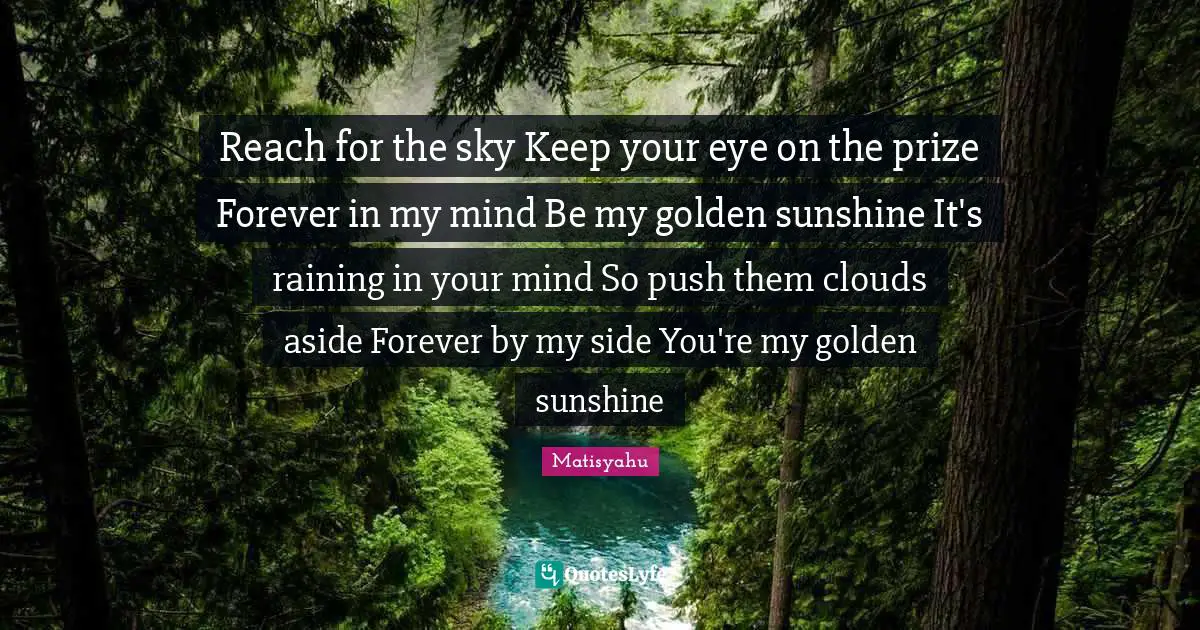 Prize Quotes: "Reach for the sky Keep your eye on the prize Forever in my mind Be my golden sunshine It's raining in your mind So push them clouds aside Forever by my side You're my golden sunshine"