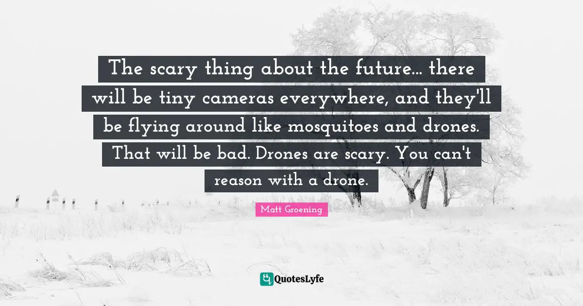 Flying Quotes: "The scary thing about the future... there will be tiny cameras everywhere, and they'll be flying around like mosquitoes and drones. That will be bad. Drones are scary. You can't reason with a drone."