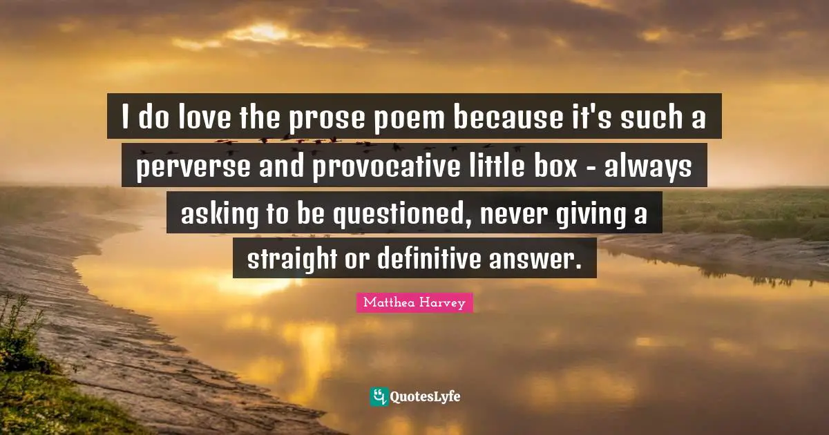 Matthea Harvey Quotes: "I do love the prose poem because it's such a perverse and provocative little box - always asking to be questioned, never giving a straight or definitive answer."