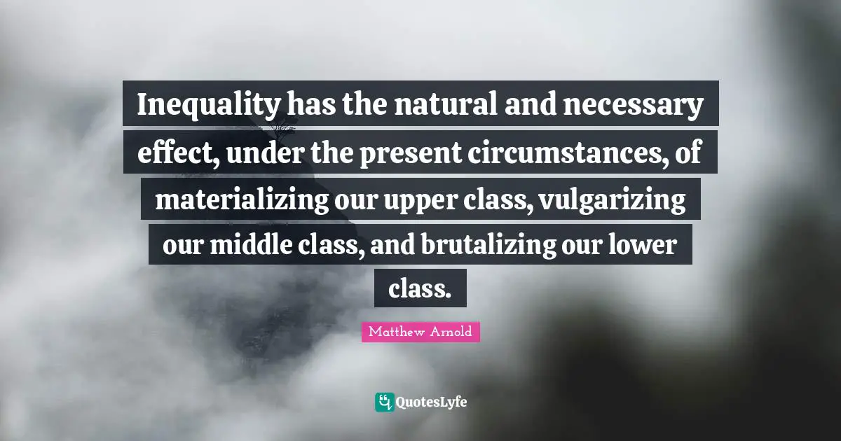 Inequality has the natural and necessary effect, under the present circumstances, of materializing our upper class, vulgarizing our middle class, and brutalizing our lower class.