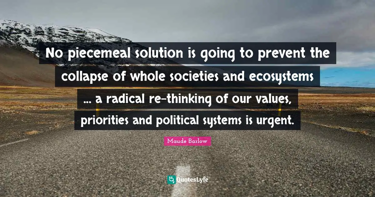 Maude Barlow Quotes: "No piecemeal solution is going to prevent the collapse of whole societies and ecosystems ... a radical re-thinking of our values, priorities and political systems is urgent."