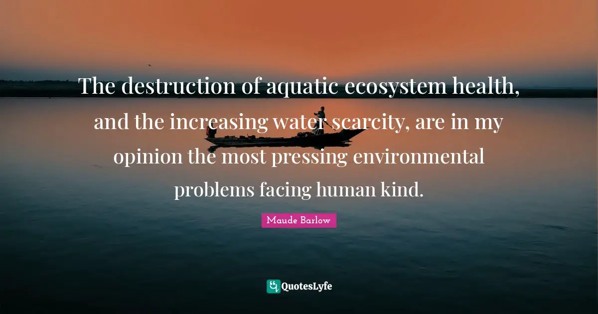 Maude Barlow Quotes: "The destruction of aquatic ecosystem health, and the increasing water scarcity, are in my opinion the most pressing environmental problems facing human kind."
