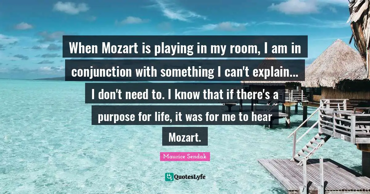When Mozart is playing in my room, I am in conjunction with something I can't explain... I don't need to. I know that if there's a purpose for life, it was for me to hear Mozart.