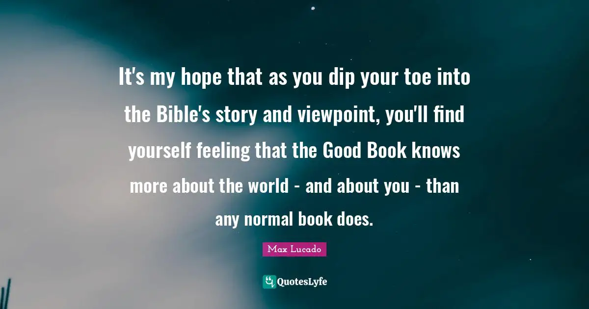 It's my hope that as you dip your toe into the Bible's story and viewpoint, you'll find yourself feeling that the Good Book knows more about the world - and about you - than any normal book does.