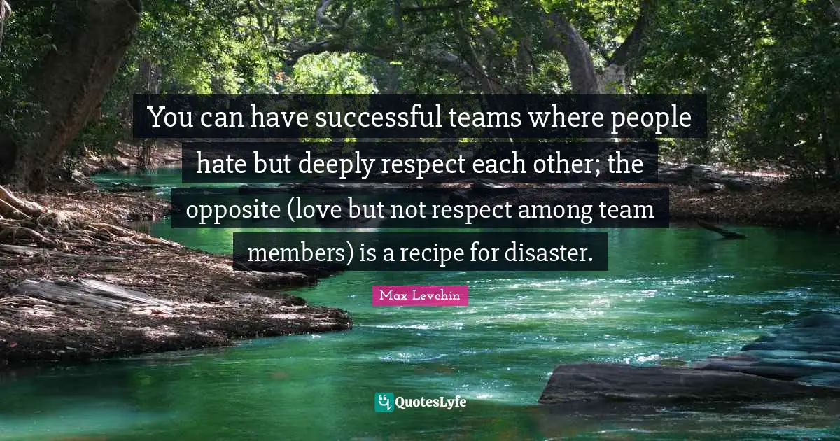 You can have successful teams where people hate but deeply respect each other; the opposite (love but not respect among team members) is a recipe for disaster.