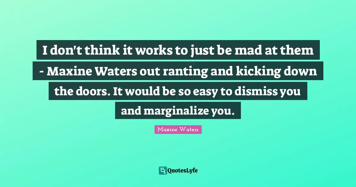 I don't think it works to just be mad at them - Maxine Waters out ranting and kicking down the doors. It would be so easy to dismiss you and marginalize you.