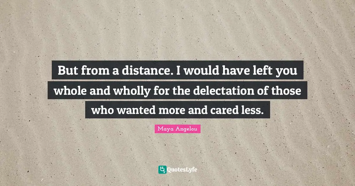 But from a distance. I would have left you whole and wholly for the delectation of those who wanted more and cared less.
