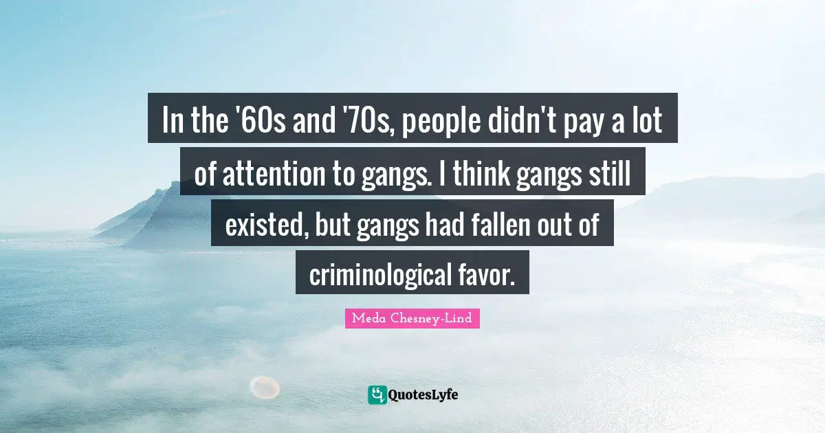 In the '60s and '70s, people didn't pay a lot of attention to gangs. I think gangs still existed, but gangs had fallen out of criminological favor.