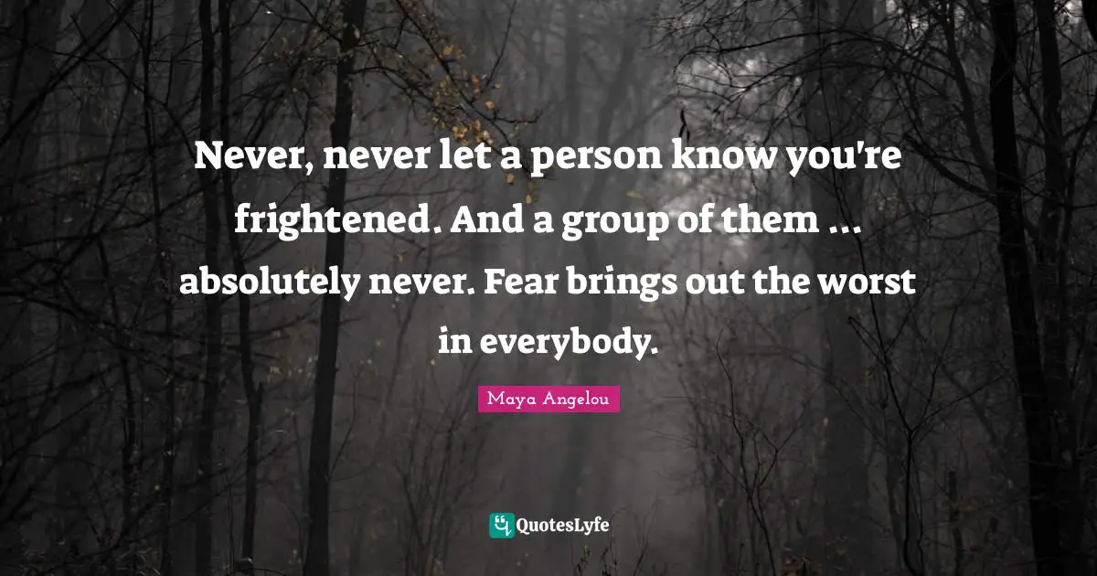 Never, never let a person know you're frightened. And a group of them ... absolutely never. Fear brings out the worst in everybody.