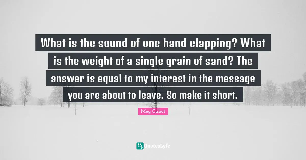 What is the sound of one hand clapping? What is the weight of a single grain of sand? The answer is equal to my interest in the message you are about to leave. So make it short.