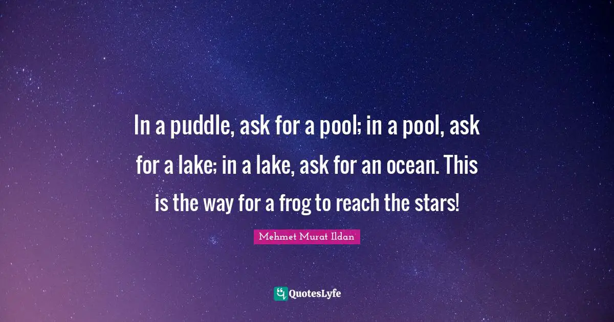 Lakes Quotes: "In a puddle, ask for a pool; in a pool, ask for a lake; in a lake, ask for an ocean. This is the way for a frog to reach the stars!"