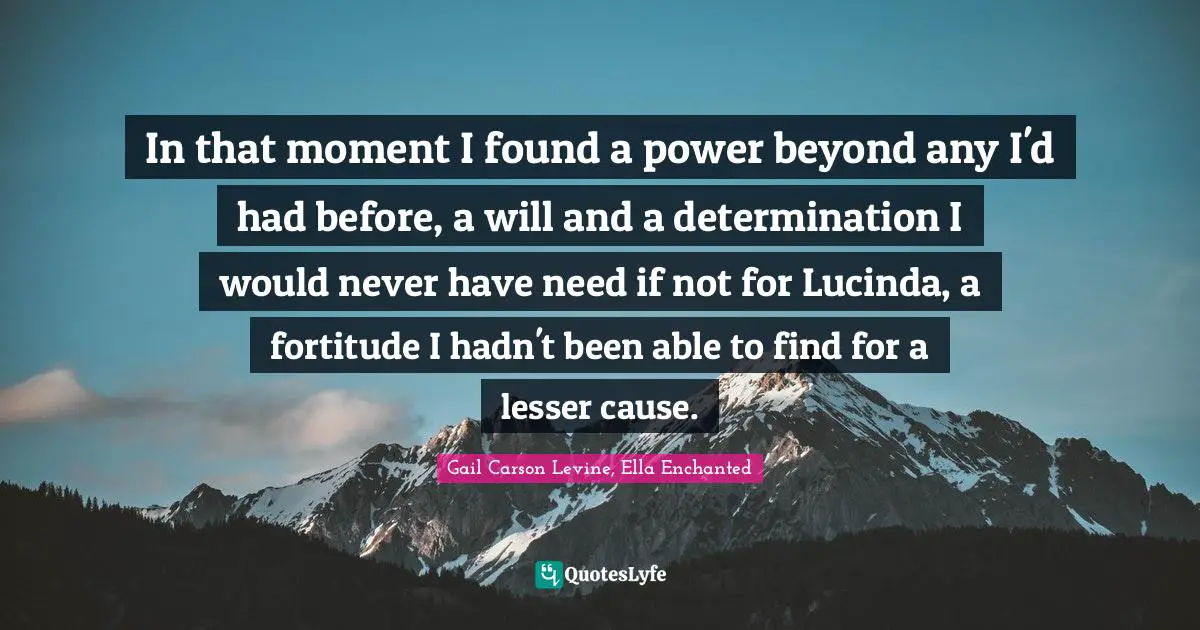 In that moment I found a power beyond any I'd had before, a will and a determination I would never have need if not for Lucinda, a fortitude I hadn't been able to find for a lesser cause.