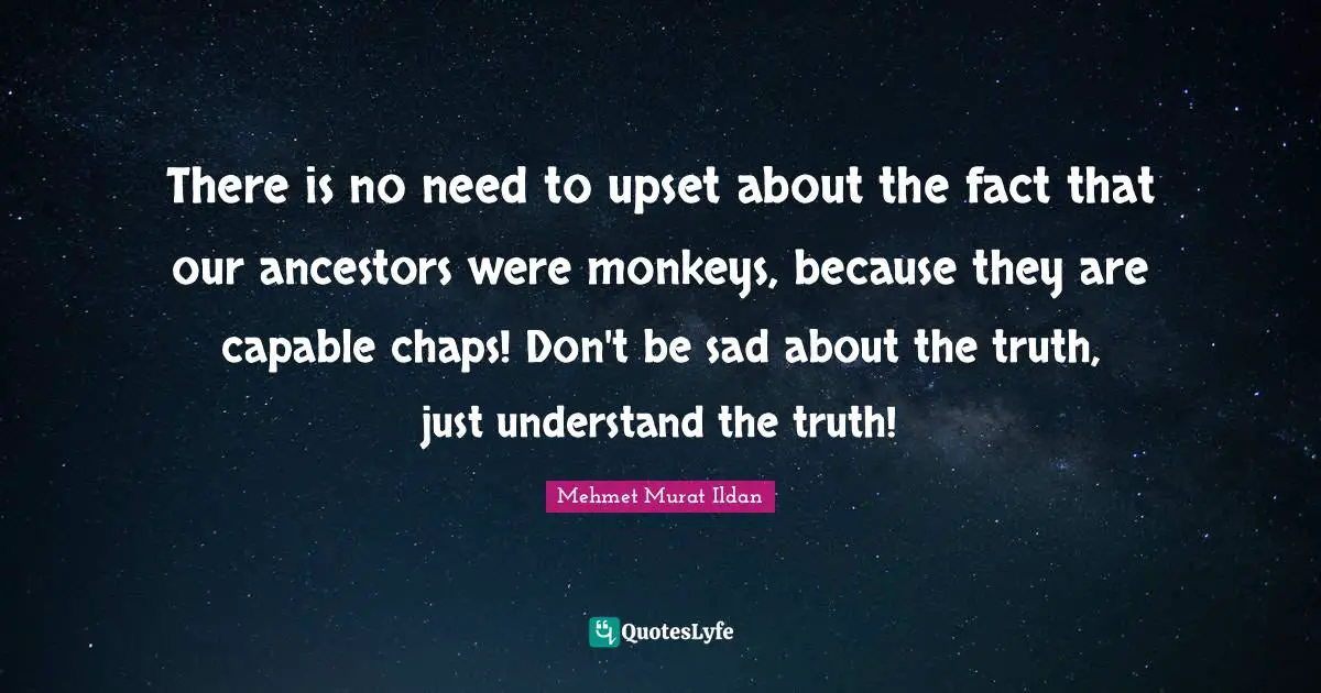 There is no need to upset about the fact that our ancestors were monkeys, because they are capable chaps! Don't be sad about the truth, just understand the truth!
