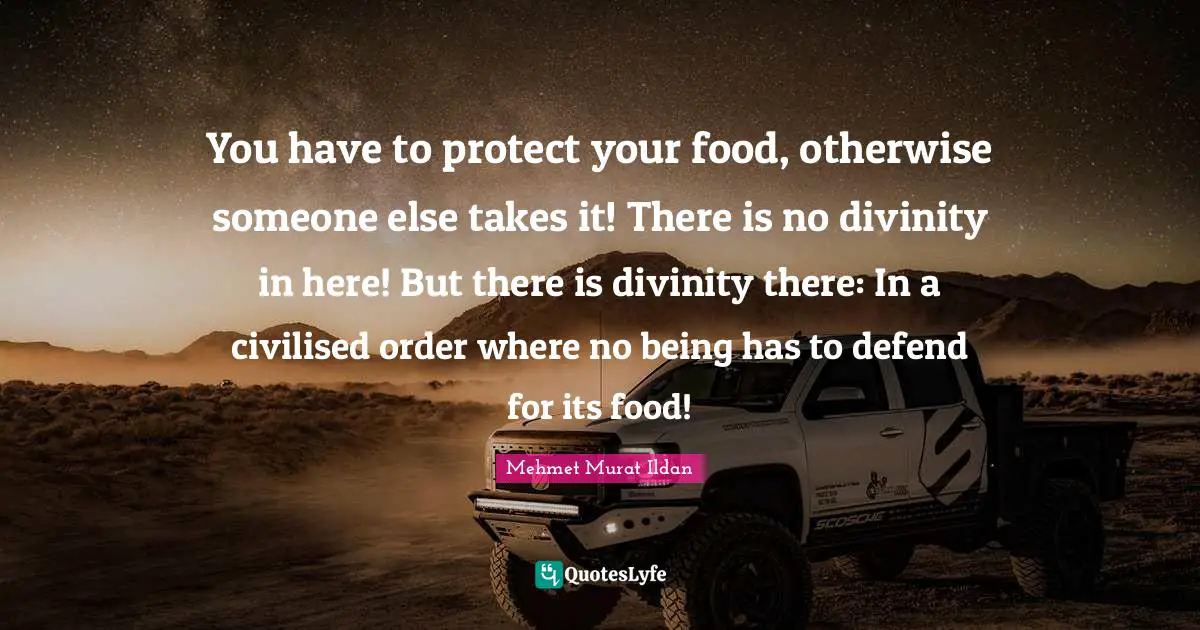 You have to protect your food, otherwise someone else takes it! There is no divinity in here! But there is divinity there: In a civilised order where no being has to defend for its food!