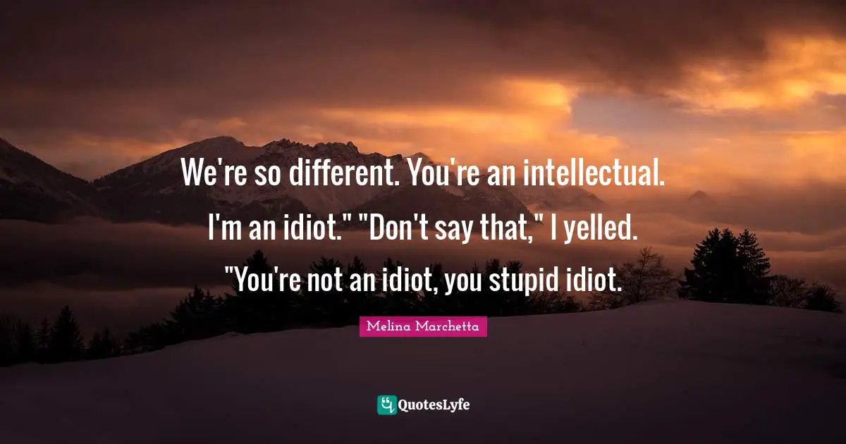 We're so different. You're an intellectual. I'm an idiot." "Don't say that," I yelled. "You're not an idiot, you stupid idiot.