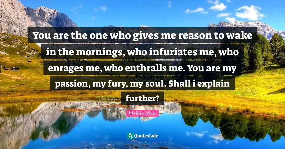 You are the one who gives me reason to wake in the mornings, who infuriates me, who enrages me, who enthralls me. You are my passion, my fury, my soul. Shall i explain further?