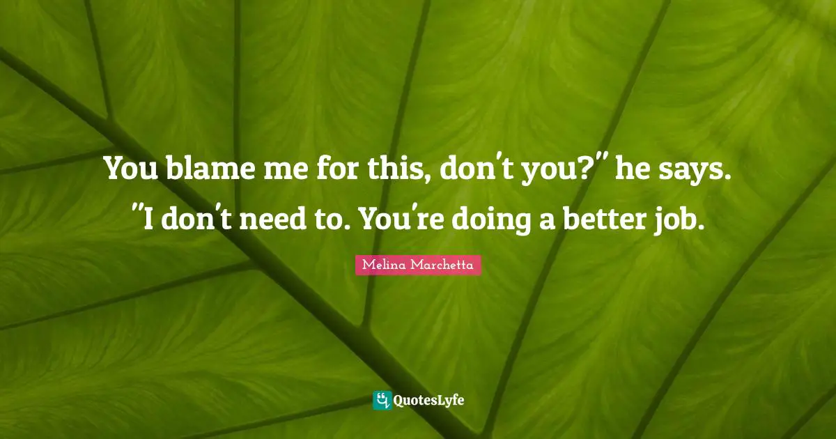 You blame me for this, don't you?" he says. "I don't need to. You're doing a better job.