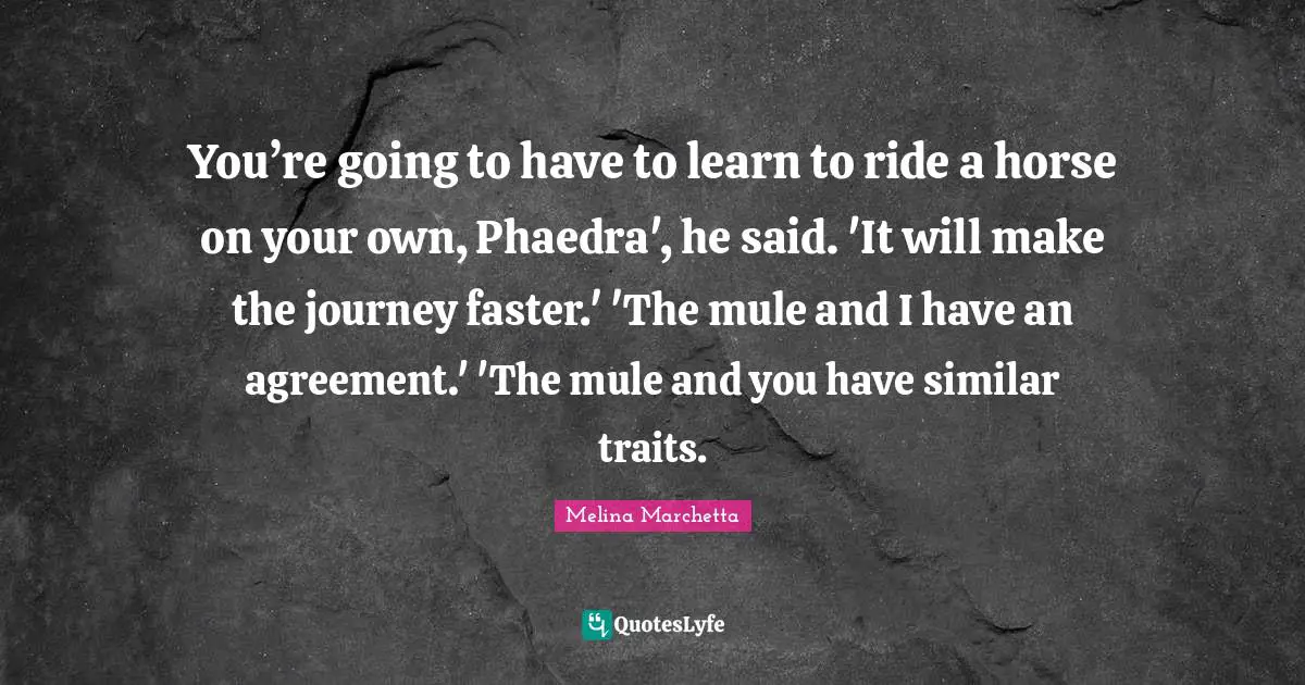 Melina Marchetta Quotes: "You’re going to have to learn to ride a horse on your own, Phaedra', he said. 'It will make the journey faster.' 'The mule and I have an agreement.' 'The mule and you have similar traits."